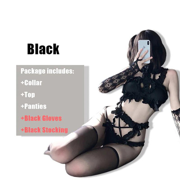 Hollow Heart Chiffon Lace Lingerie Set