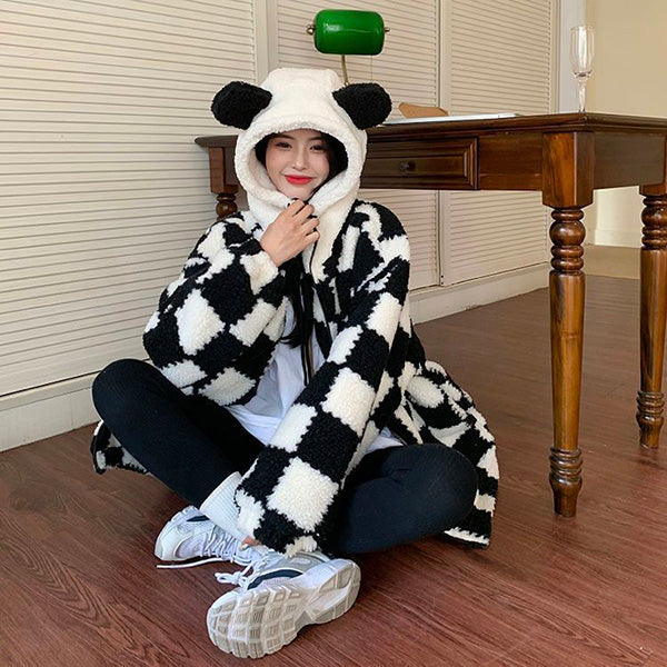 Kawaii Plaid Oversized Hoodie