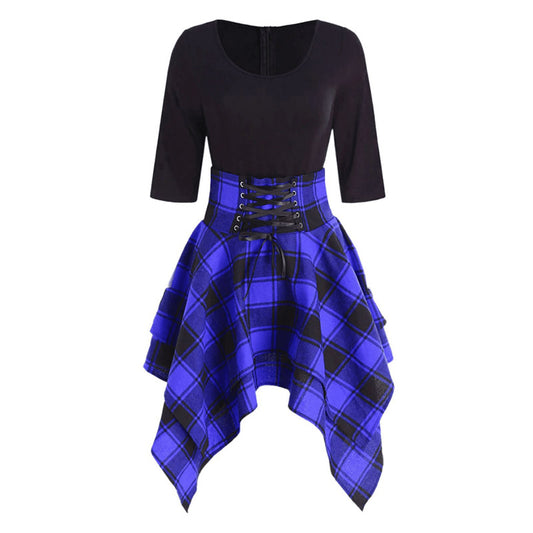 High Waist Plaid Asymmetric Mini Dress
