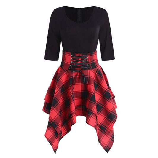 High Waist Plaid Asymmetric Mini Dress