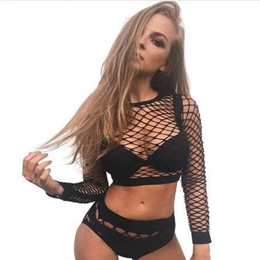 Gothic Two Piece Sexy Black Mesh Bodysuit