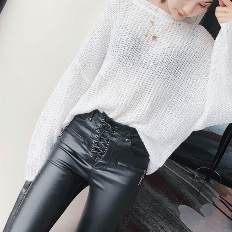 Gothic Leather Lace Pants High Waist