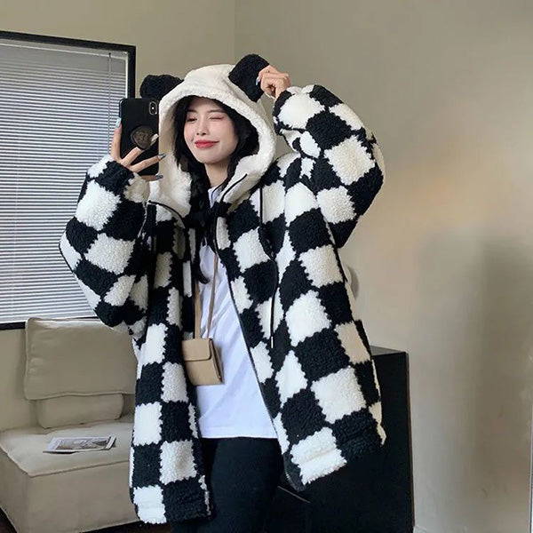 Kawaii Plaid Oversized Hoodie
