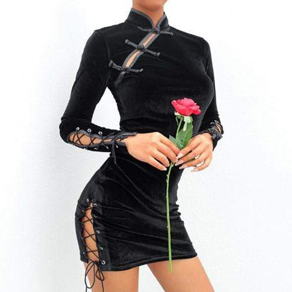Gothic Buckle Lace Up Velvet Dress