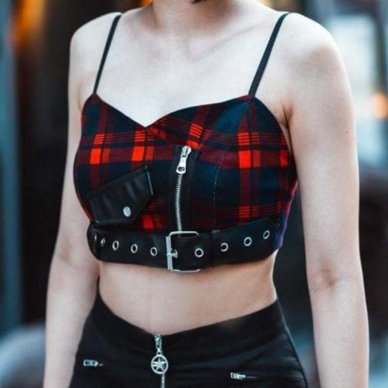 Gothic Plaid Rivet Crop Tank Top
