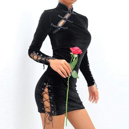 Gothic Buckle Lace Up Velvet Dress