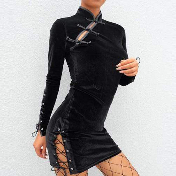 Gothic Buckle Lace Up Velvet Dress